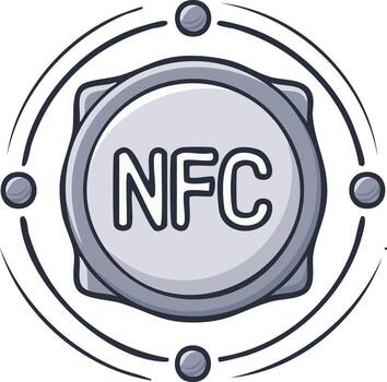NFC technology emblem Wireless communication, network connection, contactless payment, security system, cartoon design. vector