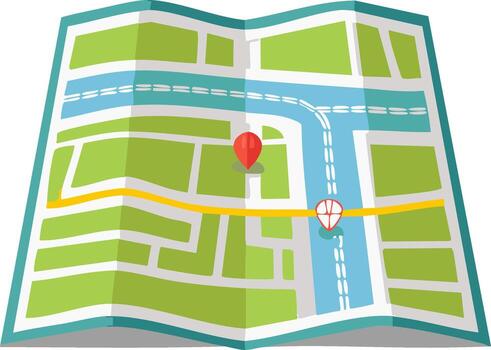 Folded map illustration with route highlighted and location markers, travel concept vector