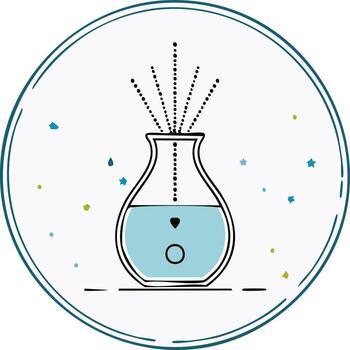 Aromatherapy diffuser with liquid and fragrance emitting, stylized illustration in a circle frame with scattered decor vector