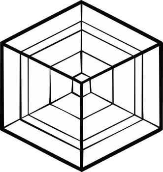 Abstract geometric wireframe of a cube creating an optical illusion of depth. Isometric hexagon line art illustration. vector