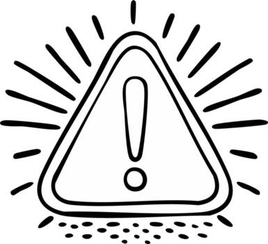 Black and white hand-drawn triangle warning symbol with exclamation mark and rays. vector