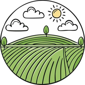 Illustration of a farm field in a circle with sun and clouds. vector