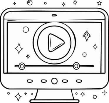 Hand drawn computer monitor displaying a play button and timeline controls in doodle art style. vector