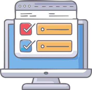 Desktop computer monitor displaying a web page with a completed online form or checklist vector
