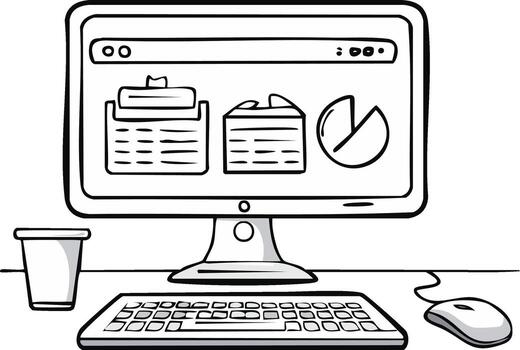 Computer display with business data analysis and keyboard near disposable cup and mouse vector