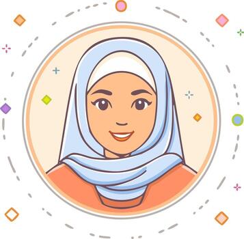 Smiling Woman Wearing Hijab Surrounded by Decorative Elements in Circular Frame vector