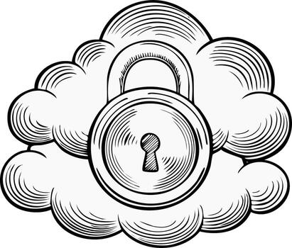 Stylized Secure Cloud Ornamental Padlock Floating Amidst Soft, Outlined Clouds vector