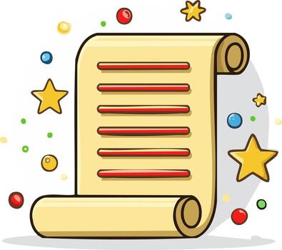 Festive cartoon illustration of a parchment scroll with a list surrounded by colorful stars and confetti vector