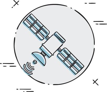 Hand drawn illustration of a communication satellite transmitting a signal in orbit vector