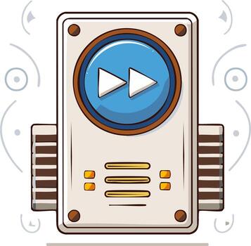 Charming retro technology device featuring a vivid blue fast forward button surrounded by classic industrial design details and decorative lines vector