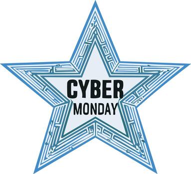 ciber lunes compras estrella con geométrico circuito tablero modelo y negrita texto vector