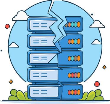 Broken Server Rack Cartoon Illustration of System Failure or Data Crash vector