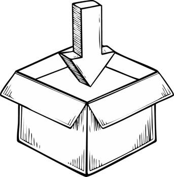 Hand-drawn illustration of an open cardboard box with a downward pointing arrow entering the opening vector