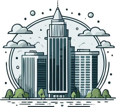 Abstract Metropolis Cityscape with Modern Buildings and Clouds, Trees in Foreground vector