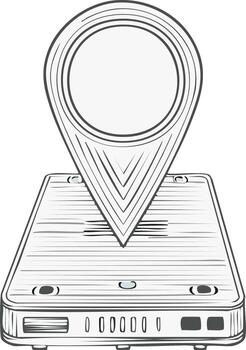 Stylized location pin icon on a digital device sketch, concept for navigation and technology vector