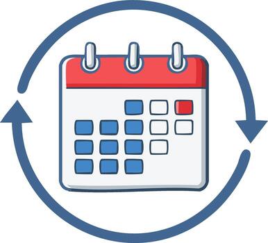 Cartoon calendar symbol with arrows showing cycle or update vector
