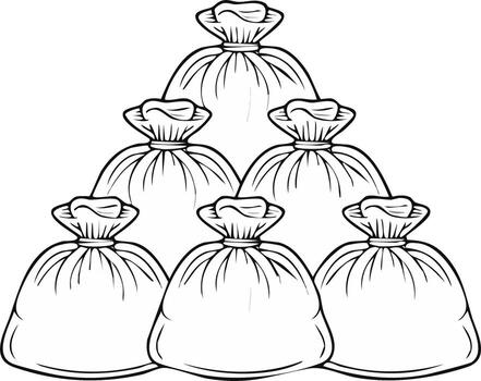 Arrangement of six sacks in a triangular shape, a monochromatic illustration vector