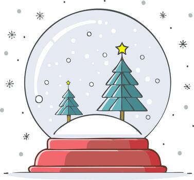 Whimsical snow globe with festive pine trees and falling snowflakes vector