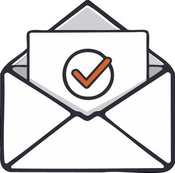 abierto sobre con un confirmado mensaje adentro, presentando un naranja marca de verificación icono para éxito o aprobación vector