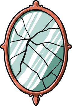 Broken mirror with an oval frame. Shattered glass. Symbol of destruction and change vector