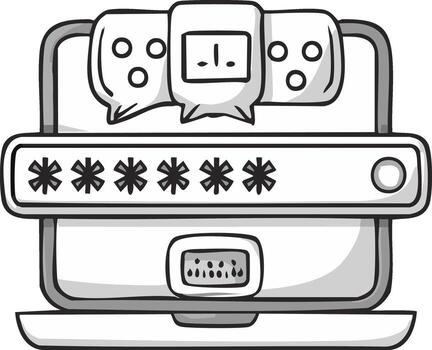 Black and white doodle of a laptop with a password login screen and authentication notifications vector