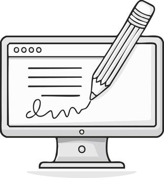 Doodle Style Computer Screen with Pencil Signing Document Online vector