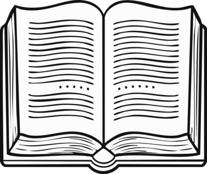 Open book illustration, reading material with text on pages. Simple black and white drawing style. Book outline for print and digital use vector