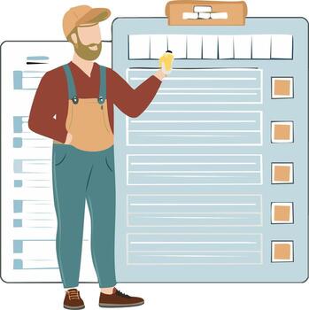 Friendly worker in overalls inspects a large checklist on a giant clipboard for project management vector