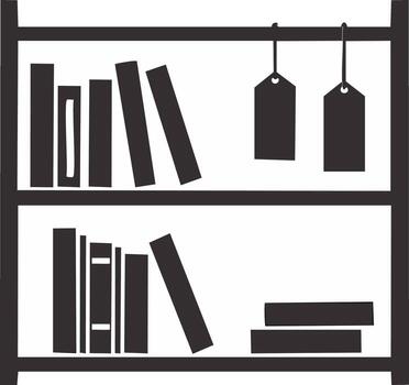 Bookshelf Filled with Books and Hanging Price Tags in a Minimalist Style Illustration vector