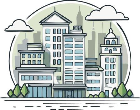 Illustration of a City Skyline, featuring skyscrapers, clouds, trees, and buildings in a circle vector