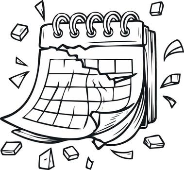 Dynamic black and white illustration of a torn and shattering calendar symbolizing chaos deadlines and broken schedules vector