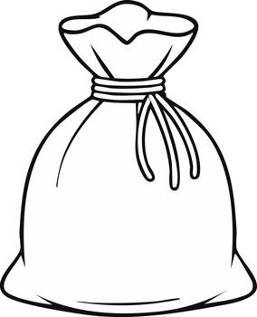 Simple outline drawing of a tied drawstring bag with trailing cords for a clean and basic graphic element vector