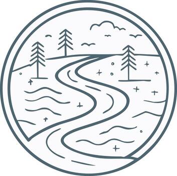 Winding River Through a Serene Forest with Pine Trees Clouds and Flying Birds Line Art vector