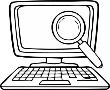 Computer screen with a magnifying glass icon illustration for research data and web browsing search symbol outline vector