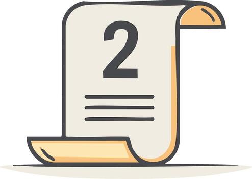 dibujos animados ilustración de un papel Desplazarse documento con el número dos, representando un segundo paso o opción vector