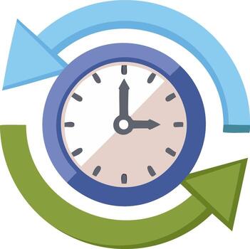 Clock face with circular arrows depicting continuous time flow, cycle, and process management vector