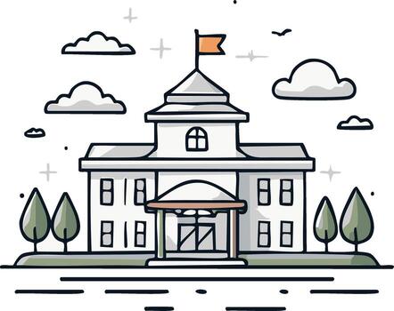 Illustrated building with flag, trees, clouds. Architectural drawing vector