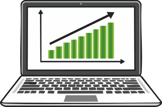 Laptop with Growth Graph, Green Chart Bars and Rising Arrow on Screen Display vector