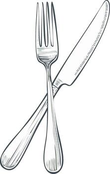 detallado bosquejo de cruzado tenedor y mesa cuchillo formando lineal composición para culinario o comida diseños vector
