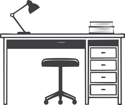 Desk with Table Lamp, Stool, and Books, Graphic Illustration of Study Space in Monochrome vector