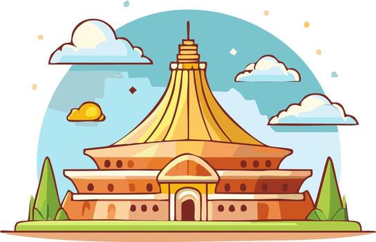 Illustration of a traditional building with a unique architecture, clouds and blue sky vector