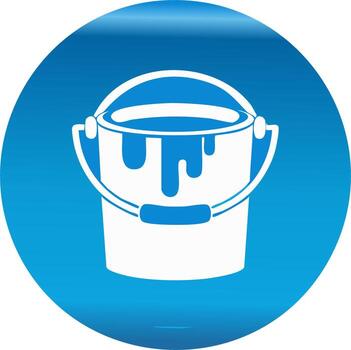 White Paint Bucket Icon with Dripping Paint Inside Circle on Gradient Blue Background vector