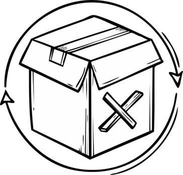 Hand-drawn illustration of an open cardboard box with an X mark, enclosed by a circular arrow symbol vector