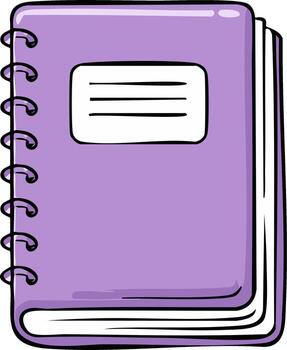 dibujos animados estilo cuaderno con un púrpura cubrir y espiral vinculante, abierto y forrado página, diario concepto vector