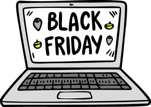 Laptop Displaying Black Friday Sale with Animated Acorn and Strawberry Graphics vector