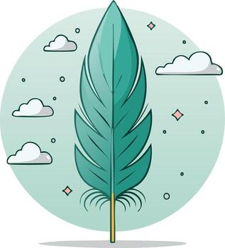 Whimsical Teal Feather Floating Amidst Clouds, Stars, and Circles on Light Green Background vector