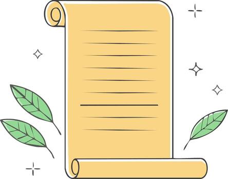 Whimsical old scroll with blank lines surrounded by green leaves and decorative sparkles illustration vector