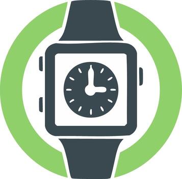 Stylized smartwatch face inside a circular green frame features a time display showing twenty-five past twelve vector