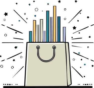 Shopping bag filled with chart columns, stars and lines for success concept vector