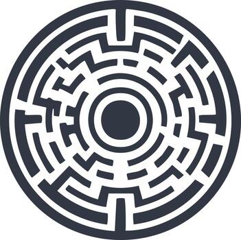 circular laberinto laberinto gráfico icono simbolizando un rompecabezas problema y solución camino vector
